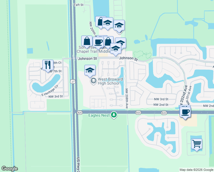 map of restaurants, bars, coffee shops, grocery stores, and more near 20886 Northwest 4th Street in Pembroke Pines