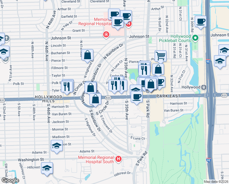 map of restaurants, bars, coffee shops, grocery stores, and more near 3785 Tyler Street in Hollywood