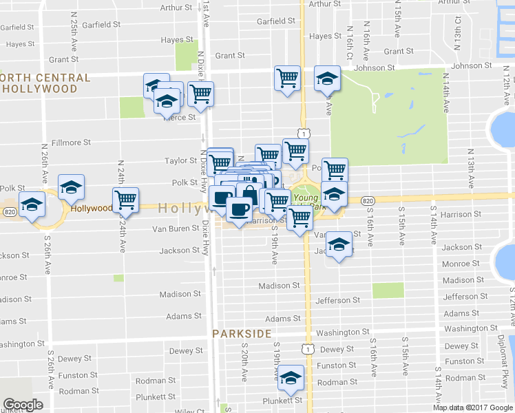 map of restaurants, bars, coffee shops, grocery stores, and more near 1921 Hollywood Blvd in Hollywood