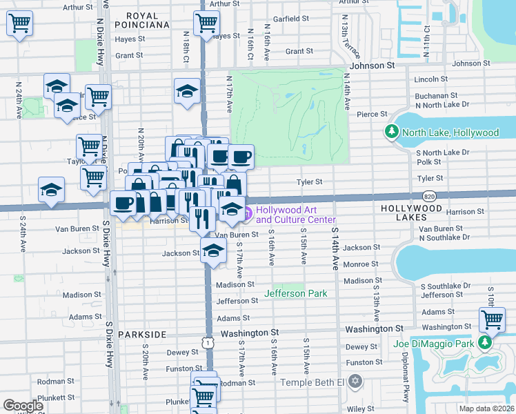 map of restaurants, bars, coffee shops, grocery stores, and more near in Hollywood