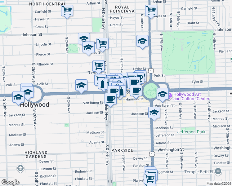map of restaurants, bars, coffee shops, grocery stores, and more near 2021 Hollywood Boulevard in Hollywood