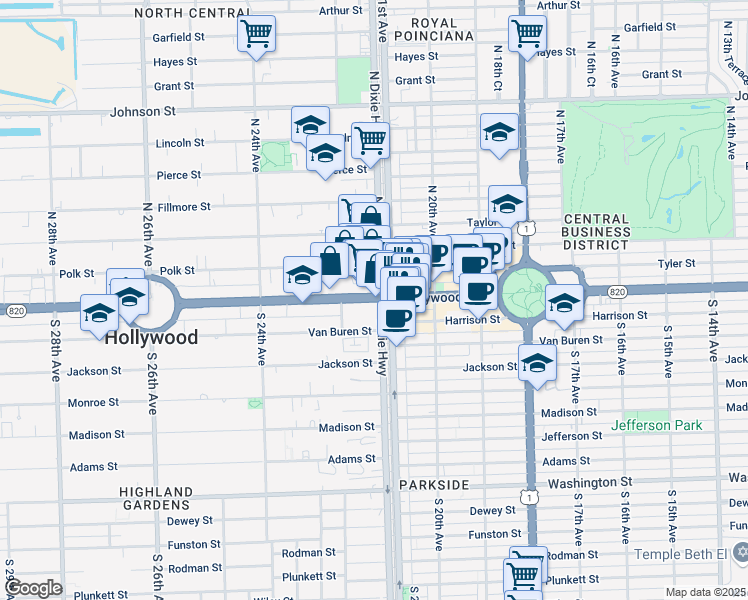 map of restaurants, bars, coffee shops, grocery stores, and more near in Hollywood