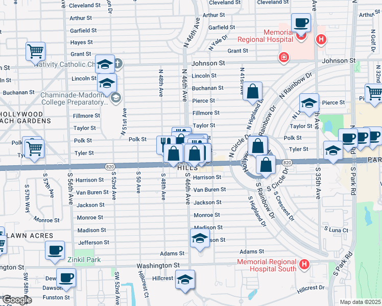 map of restaurants, bars, coffee shops, grocery stores, and more near 4798 Tyler Street in Hollywood