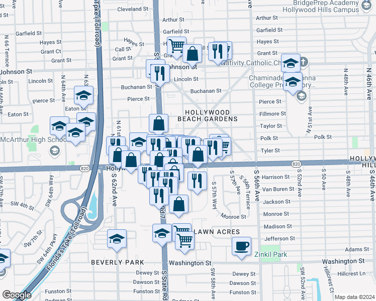 map of restaurants, bars, coffee shops, grocery stores, and more near 5832 Polk Street in Hollywood