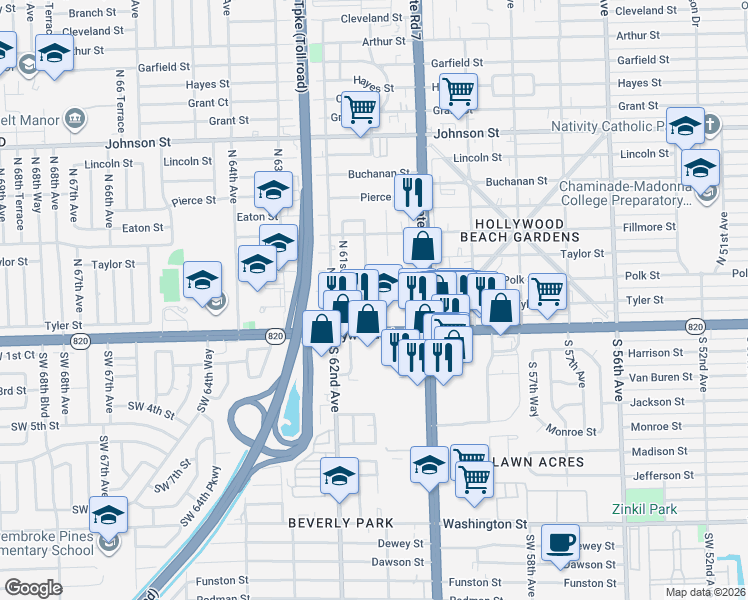 map of restaurants, bars, coffee shops, grocery stores, and more near 6041 Duval Street in Hollywood