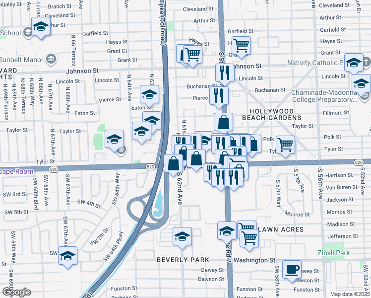 map of restaurants, bars, coffee shops, grocery stores, and more near 215 North 61st Terrace in Hollywood