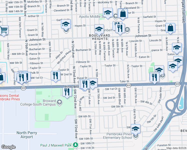 map of restaurants, bars, coffee shops, grocery stores, and more near 300 North 70th Terrace in Hollywood