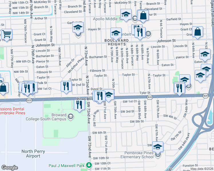 map of restaurants, bars, coffee shops, grocery stores, and more near 300 North 70th Terrace in Hollywood