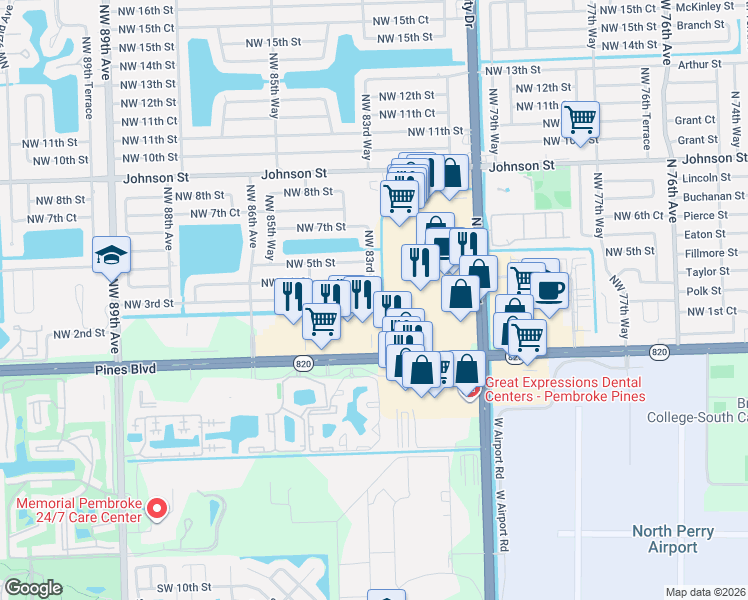 map of restaurants, bars, coffee shops, grocery stores, and more near 8341 Northwest 3rd Street in Pembroke Pines