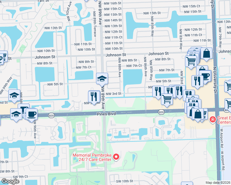 map of restaurants, bars, coffee shops, grocery stores, and more near 8810 Northwest 4th Street in Pembroke Pines