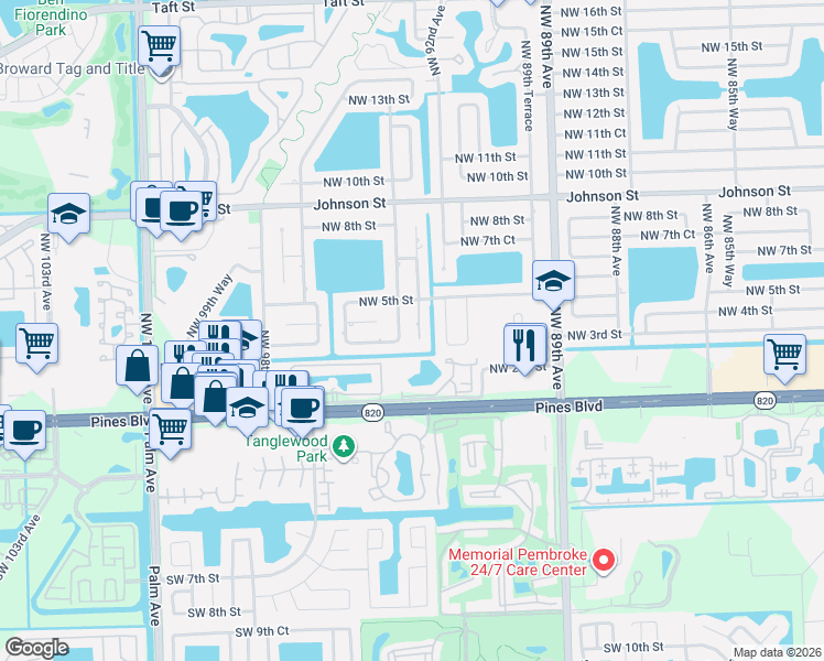 map of restaurants, bars, coffee shops, grocery stores, and more near 320 Northwest 93rd Avenue in Pembroke Pines