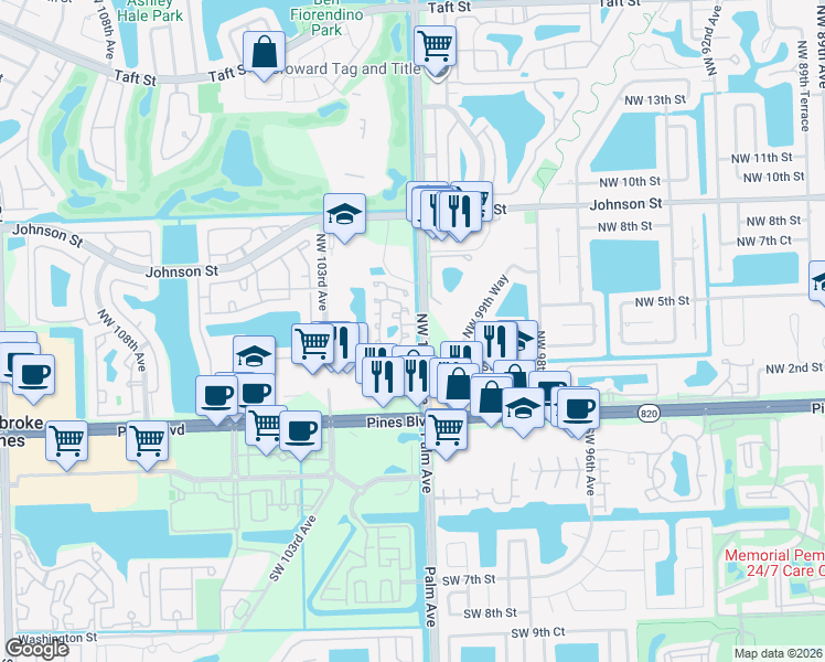 map of restaurants, bars, coffee shops, grocery stores, and more near 371 Northwest 101st Terrace in Pembroke Pines