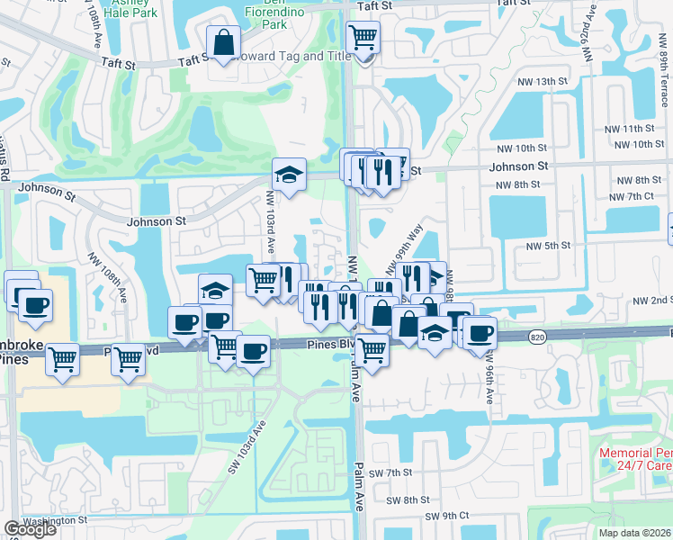 map of restaurants, bars, coffee shops, grocery stores, and more near 371 Northwest 101st Terrace in Pembroke Pines