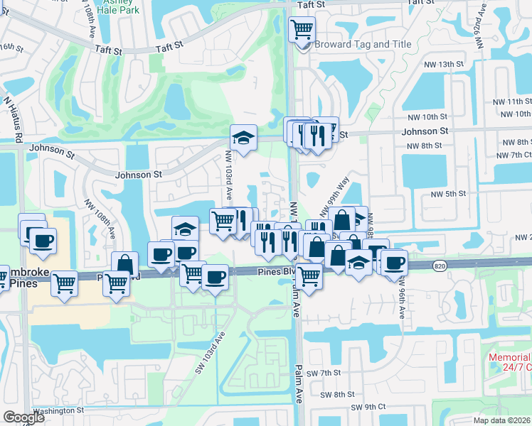 map of restaurants, bars, coffee shops, grocery stores, and more near 431 Northwest 102nd Terrace in Pembroke Pines