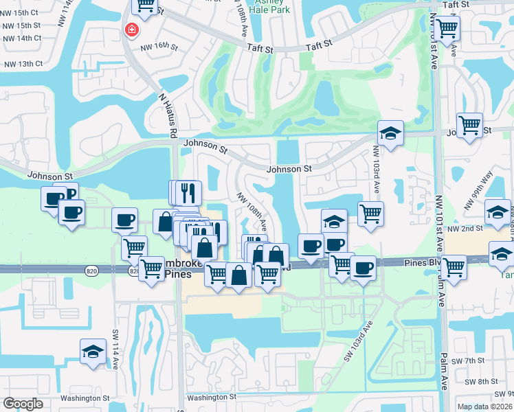 map of restaurants, bars, coffee shops, grocery stores, and more near 372 Northwest 107th Avenue in Pembroke Pines