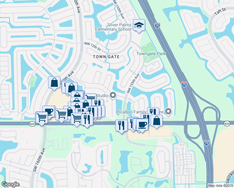 map of restaurants, bars, coffee shops, grocery stores, and more near 15595 Northwest 5th Street in Pembroke Pines
