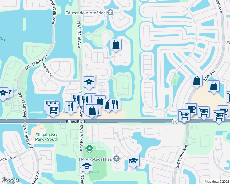 map of restaurants, bars, coffee shops, grocery stores, and more near 899 Northwest 168th Avenue in Pembroke Pines