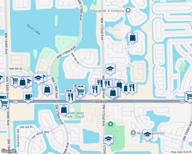 map of restaurants, bars, coffee shops, grocery stores, and more near 17214 Northwest 7th Street in Pembroke Pines