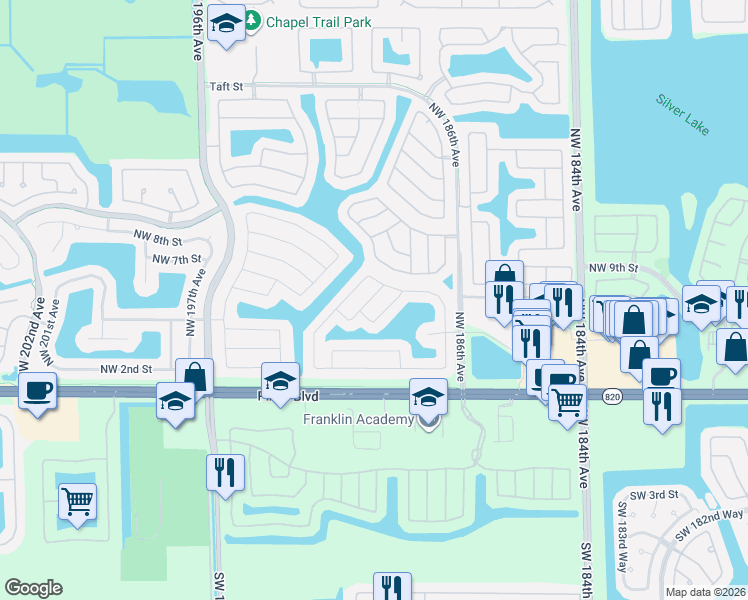 map of restaurants, bars, coffee shops, grocery stores, and more near 451 Northwest 189th Terrace in Pembroke Pines