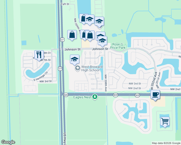 map of restaurants, bars, coffee shops, grocery stores, and more near 20845 Northwest 4 Street in Pembroke Pines