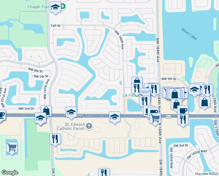 map of restaurants, bars, coffee shops, grocery stores, and more near 18760 Northwest 5th Street in Pembroke Pines