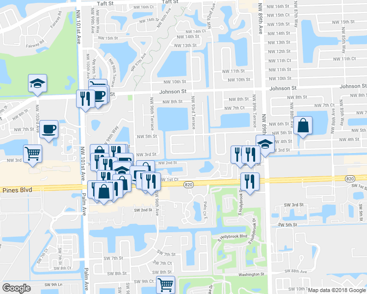 map of restaurants, bars, coffee shops, grocery stores, and more near 9420 Northwest 4th Street in Pembroke Pines