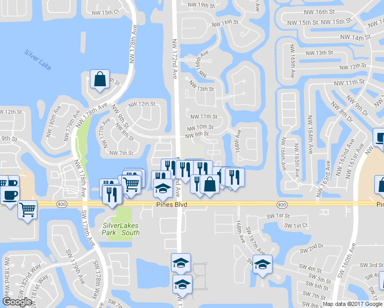 map of restaurants, bars, coffee shops, grocery stores, and more near 801 Northwest 172nd Avenue in Pembroke Pines