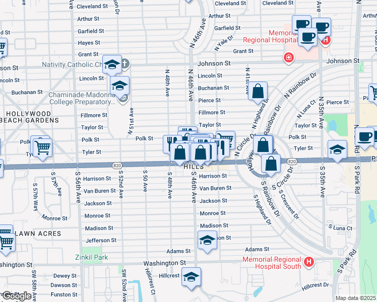 map of restaurants, bars, coffee shops, grocery stores, and more near 4798 Tyler Street in Hollywood