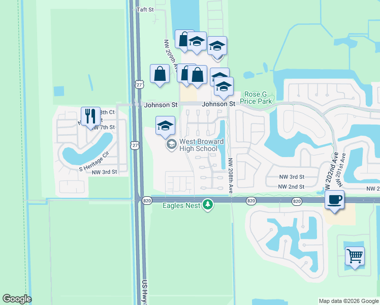 map of restaurants, bars, coffee shops, grocery stores, and more near 20886 Northwest 4th Street in Pembroke Pines