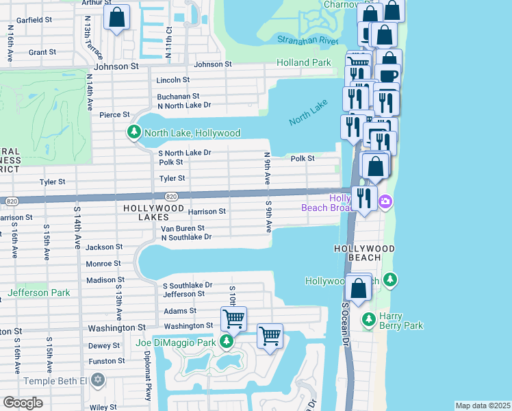 map of restaurants, bars, coffee shops, grocery stores, and more near 923 Harrison Street in Hollywood