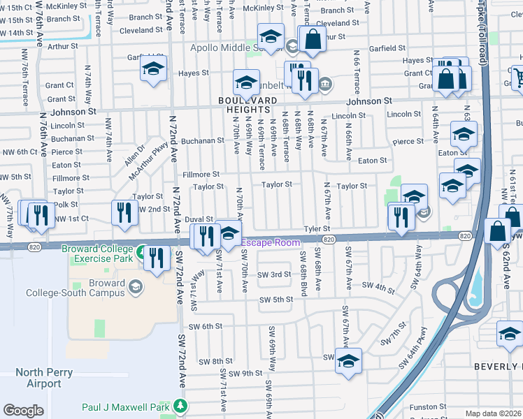 map of restaurants, bars, coffee shops, grocery stores, and more near 251 North 69th Terrace in Hollywood