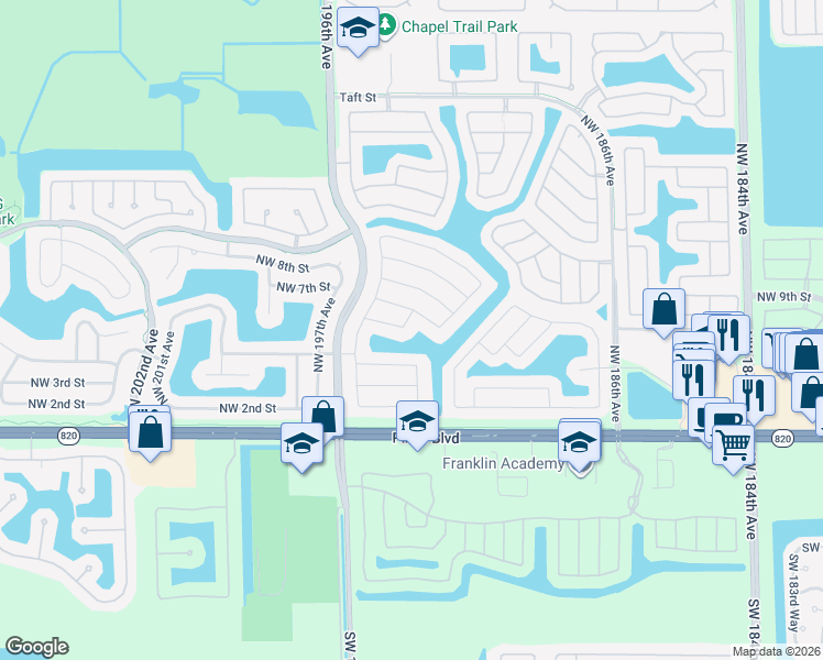 map of restaurants, bars, coffee shops, grocery stores, and more near 451 Northwest 194th Avenue in Pembroke Pines