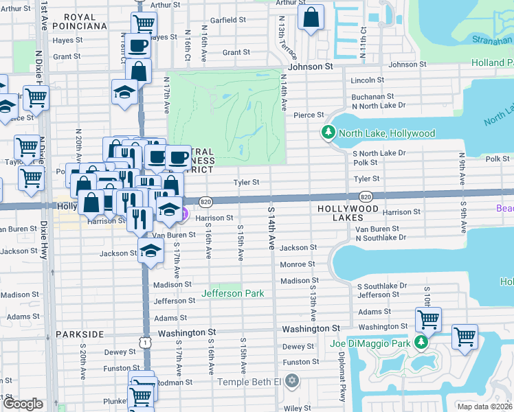 map of restaurants, bars, coffee shops, grocery stores, and more near 1424 Hollywood Boulevard in Hollywood