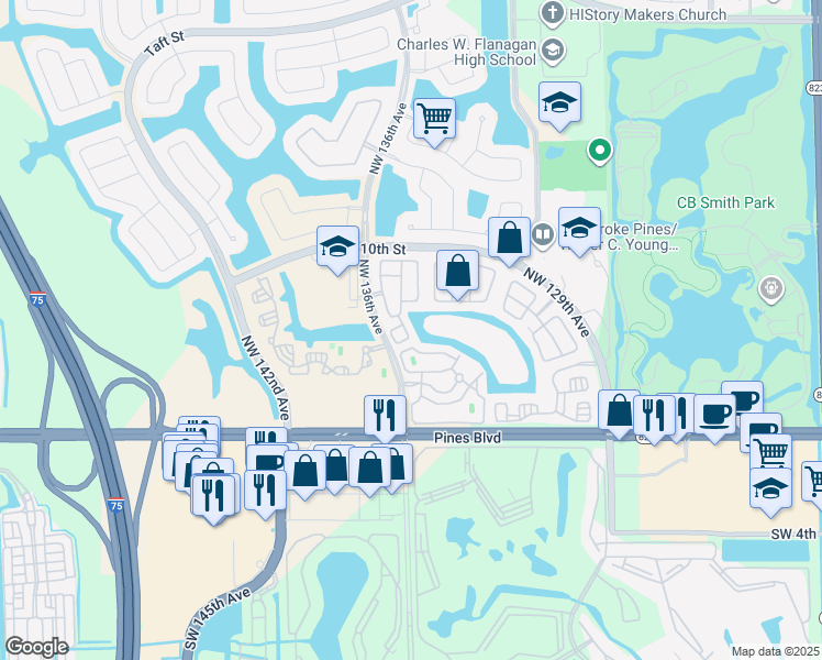 map of restaurants, bars, coffee shops, grocery stores, and more near 717 Northwest 135th Avenue in Pembroke Pines