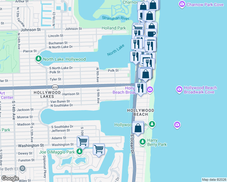 map of restaurants, bars, coffee shops, grocery stores, and more near 801 Harrison Street in Hollywood