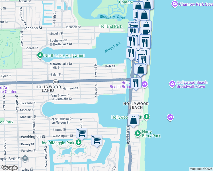 map of restaurants, bars, coffee shops, grocery stores, and more near 801 Harrison Street in Hollywood