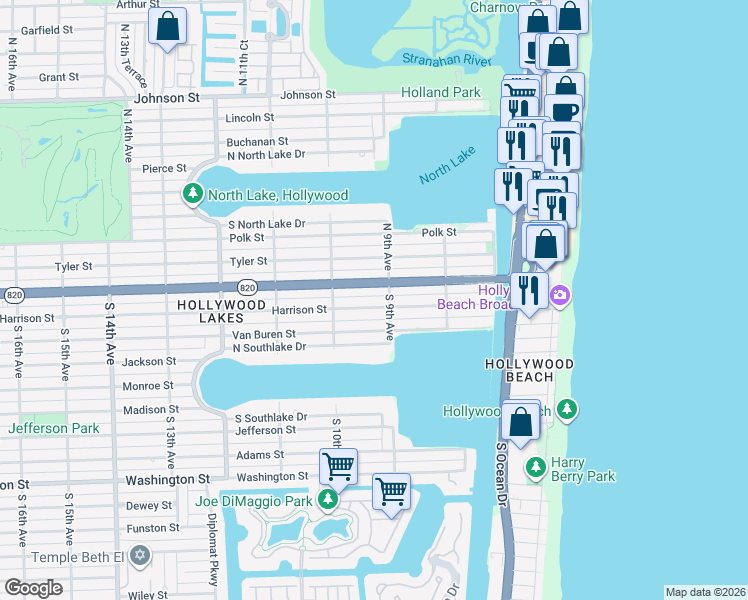map of restaurants, bars, coffee shops, grocery stores, and more near 923 Harrison Street in Hollywood