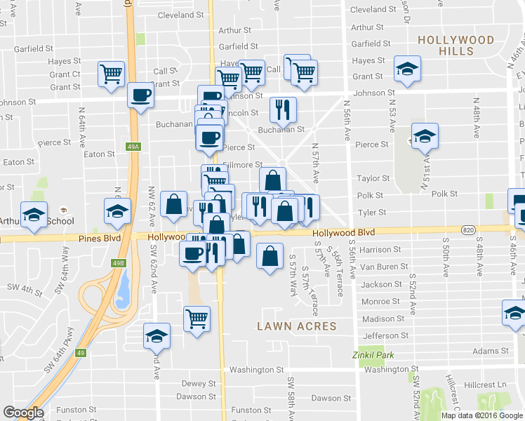 map of restaurants, bars, coffee shops, grocery stores, and more near 5832 Polk Street in Hollywood