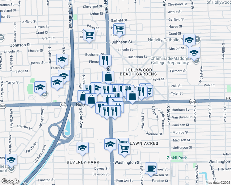 map of restaurants, bars, coffee shops, grocery stores, and more near 213 Columbus Parkway in Hollywood