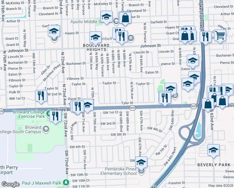 map of restaurants, bars, coffee shops, grocery stores, and more near 300 North 68th Way in Hollywood