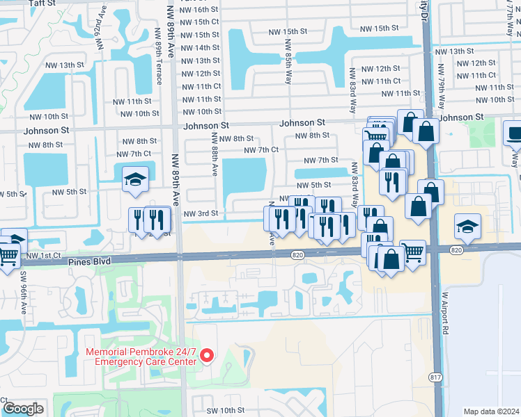 map of restaurants, bars, coffee shops, grocery stores, and more near 8631 Northwest 3rd Street in Pembroke Pines