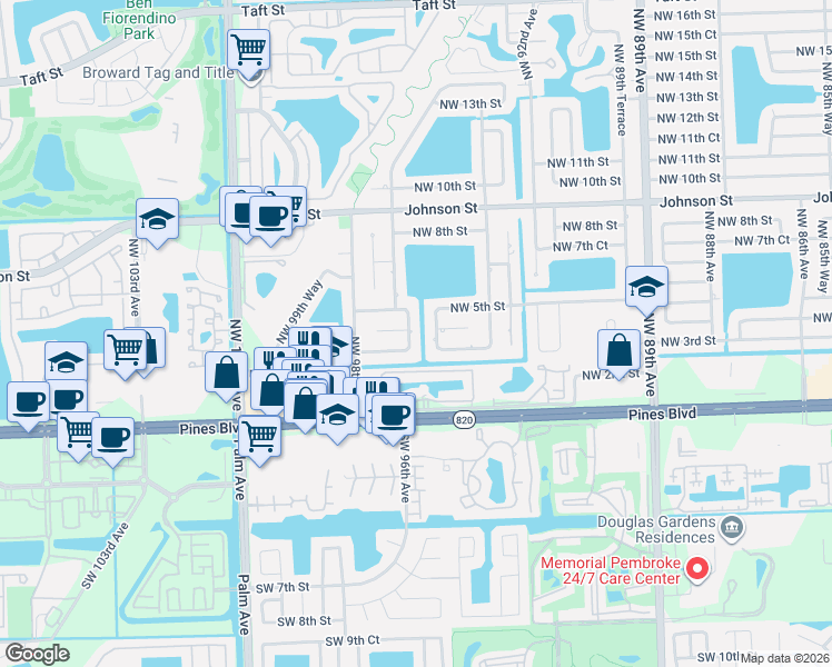 map of restaurants, bars, coffee shops, grocery stores, and more near 400 Northwest 95th Terrace in Pembroke Pines