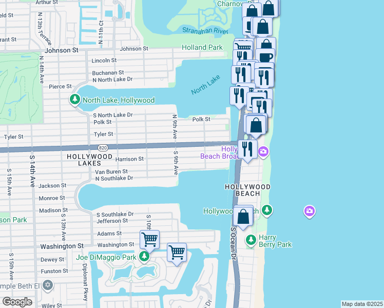 map of restaurants, bars, coffee shops, grocery stores, and more near 801 Harrison Street in Hollywood