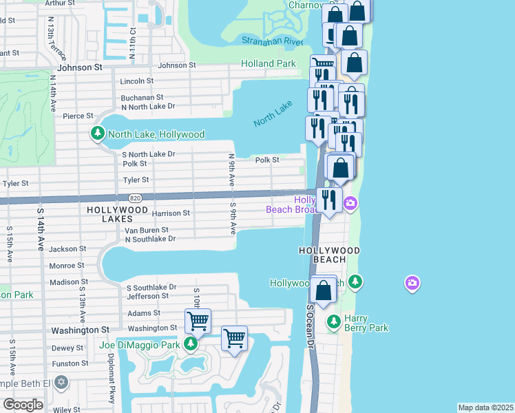 map of restaurants, bars, coffee shops, grocery stores, and more near 801 Harrison Street in Hollywood