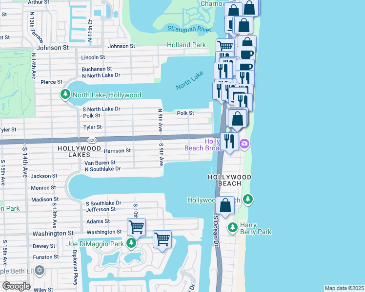 map of restaurants, bars, coffee shops, grocery stores, and more near 801 Harrison Street in Hollywood