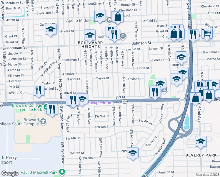 map of restaurants, bars, coffee shops, grocery stores, and more near 300 North 68th Way in Hollywood