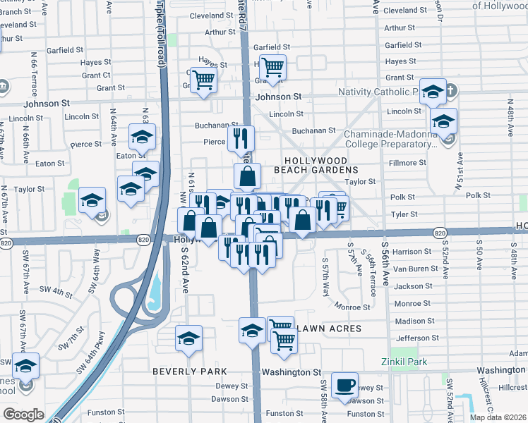 map of restaurants, bars, coffee shops, grocery stores, and more near 213 Columbus Parkway in Hollywood