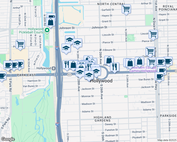 map of restaurants, bars, coffee shops, grocery stores, and more near 2701 Hollywood Boulevard in Hollywood