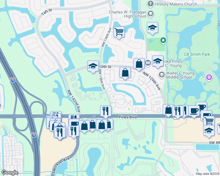 map of restaurants, bars, coffee shops, grocery stores, and more near 717 Northwest 135th Avenue in Pembroke Pines