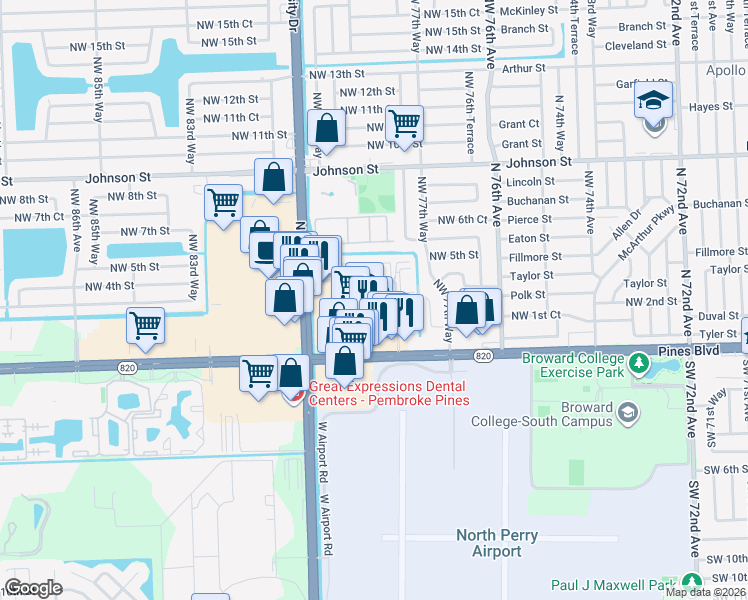 map of restaurants, bars, coffee shops, grocery stores, and more near 7850 Northwest 3rd Street in Pembroke Pines